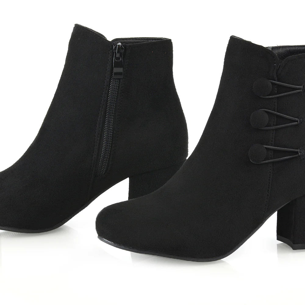 Christine Button Detail Block High Heel Zip Up Ankle Boots in Black faux Suede - Image 6