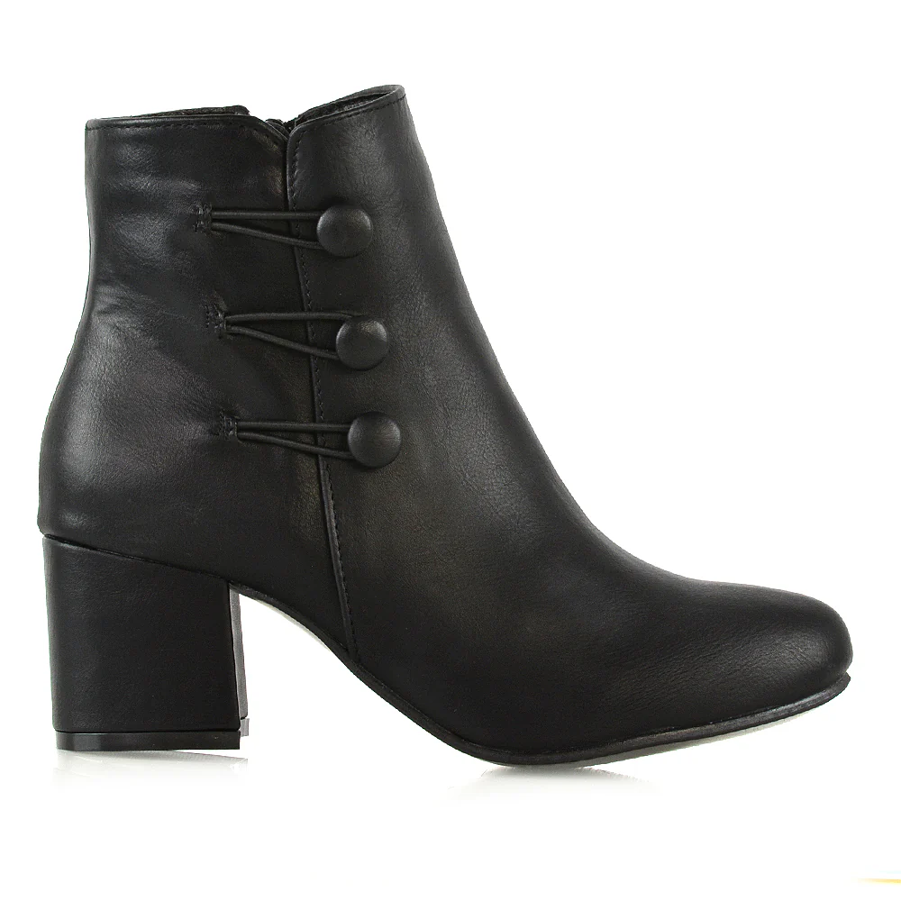 Christine Button Detail Block High Heel Zip Up Ankle Boots in Black Synthetic Leather - Image 2