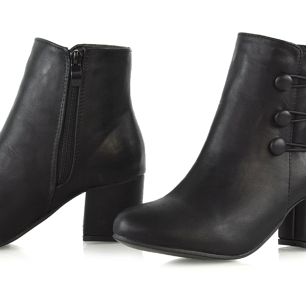 Christine Button Detail Block High Heel Zip Up Ankle Boots in Black Synthetic Leather - Image 5