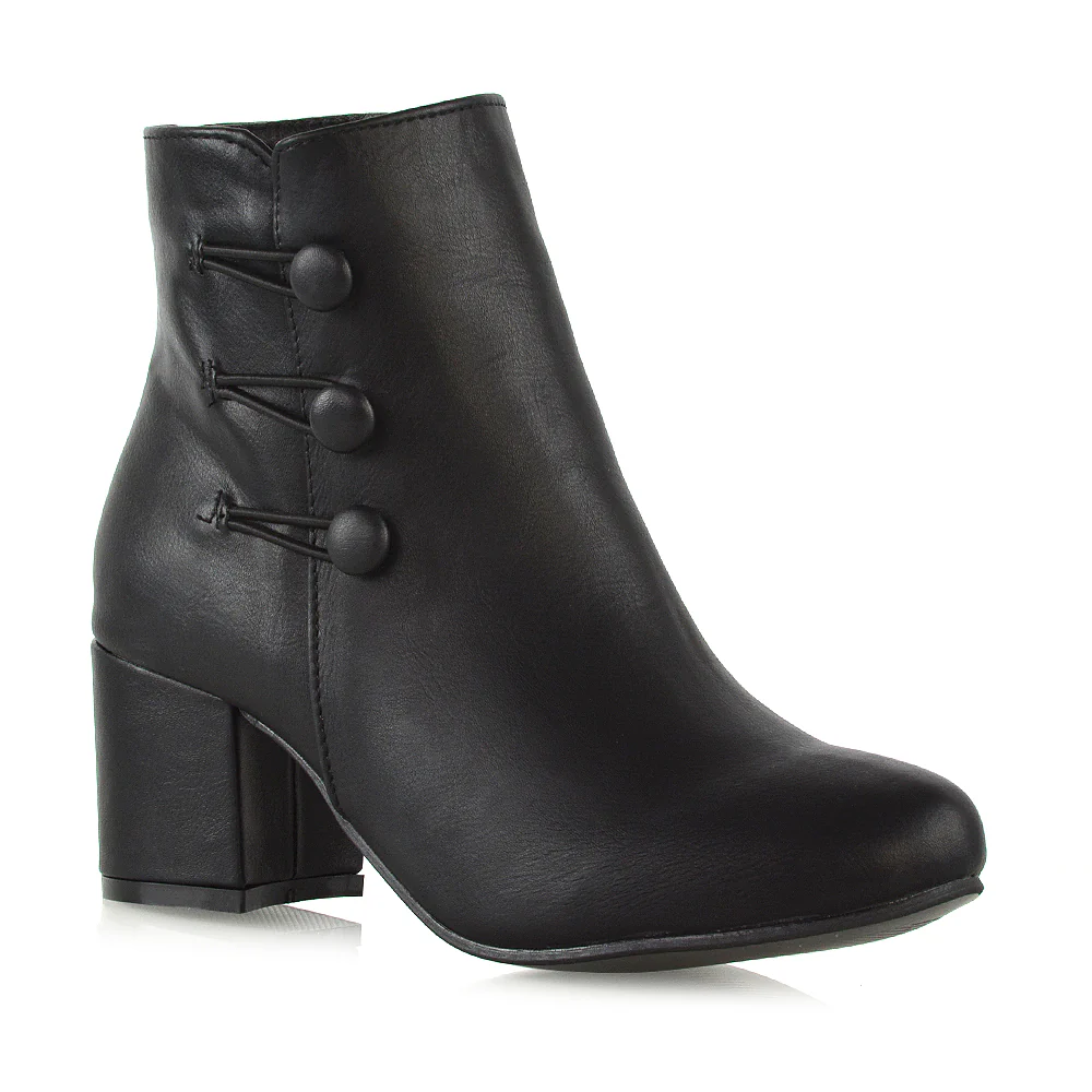 Christine Button Detail Block High Heel Zip Up Ankle Boots in Black Synthetic Leather - Image 8