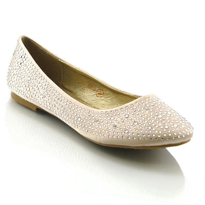 CINDERELLA SPARKLY CRYSTAL DIAMANTE FLAT PUMPS BRIDAL BALLERINA SHOES IN BEIGE SATIN - Image 6