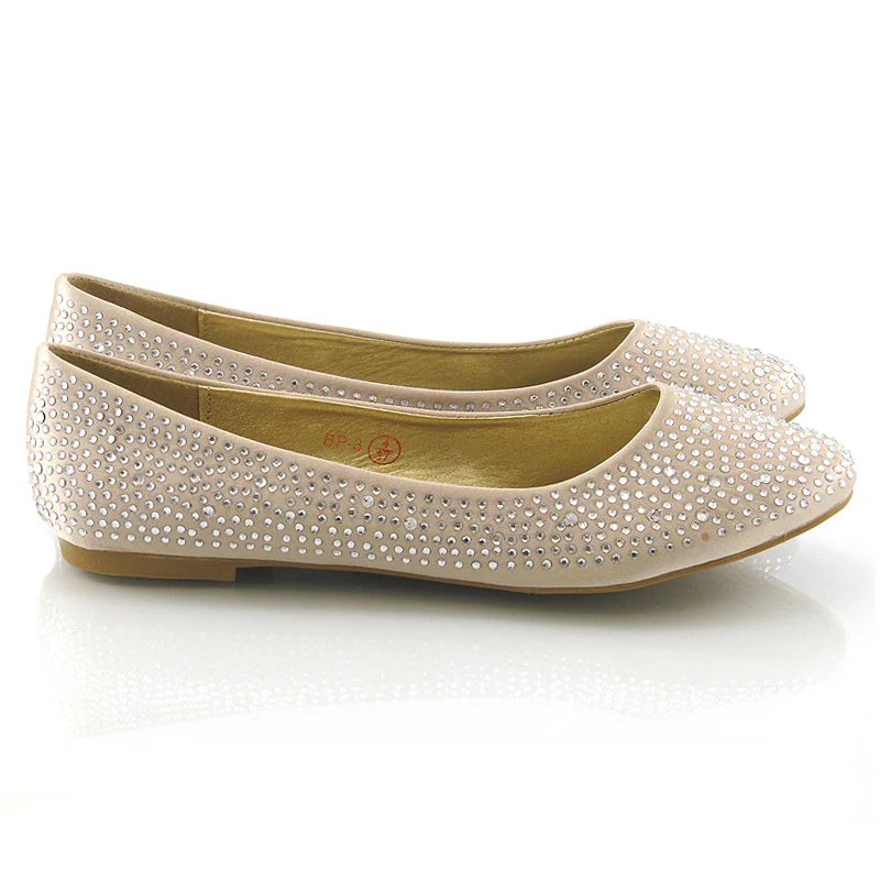 CINDERELLA SPARKLY CRYSTAL DIAMANTE FLAT PUMPS BRIDAL BALLERINA SHOES IN BEIGE SATIN - Image 7