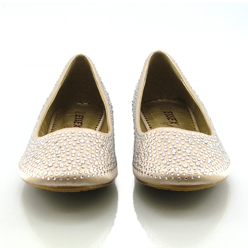 CINDERELLA SPARKLY CRYSTAL DIAMANTE FLAT PUMPS BRIDAL BALLERINA SHOES IN BEIGE SATIN - Image 8