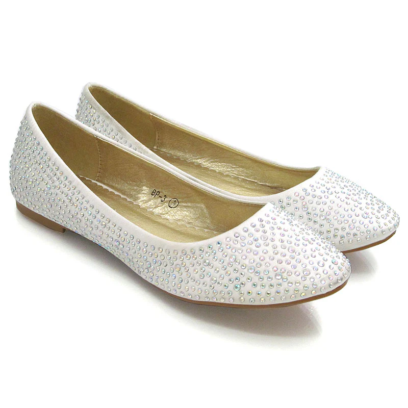 CINDERELLA SPARKLY CRYSTAL DIAMANTE FLAT PUMPS BRIDAL BALLERINA SHOES IN IVORY SATIN - Image 3