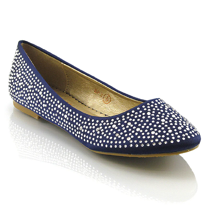 CINDERELLA SPARKLY CRYSTAL DIAMANTE FLAT PUMPS BRIDAL BALLERINA SHOES IN NAVY SATIN - Image 2