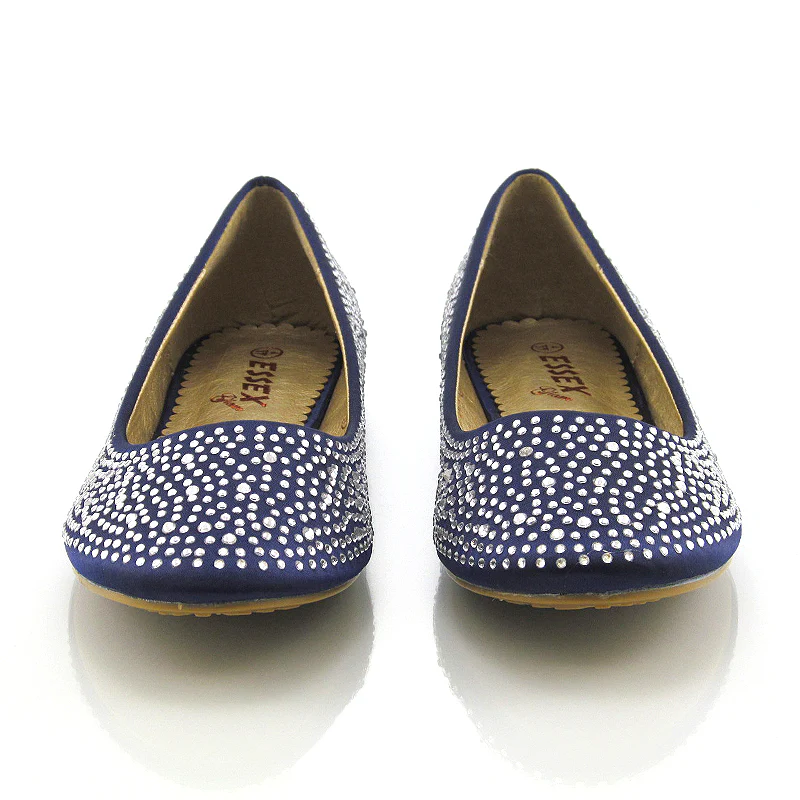 CINDERELLA SPARKLY CRYSTAL DIAMANTE FLAT PUMPS BRIDAL BALLERINA SHOES IN NAVY SATIN - Image 3
