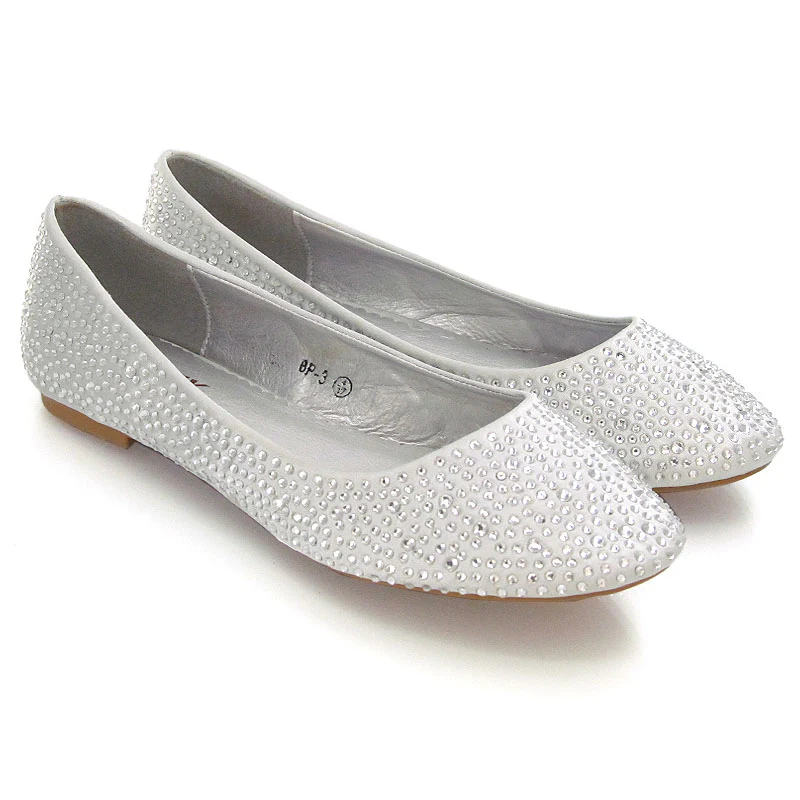 CINDERELLA SPARKLY CRYSTAL DIAMANTE FLAT PUMPS BRIDAL BALLERINA SHOES IN SILVER SATIN - Image 3