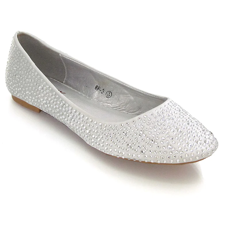 CINDERELLA SPARKLY CRYSTAL DIAMANTE FLAT PUMPS BRIDAL BALLERINA SHOES IN SILVER SATIN - Image 6