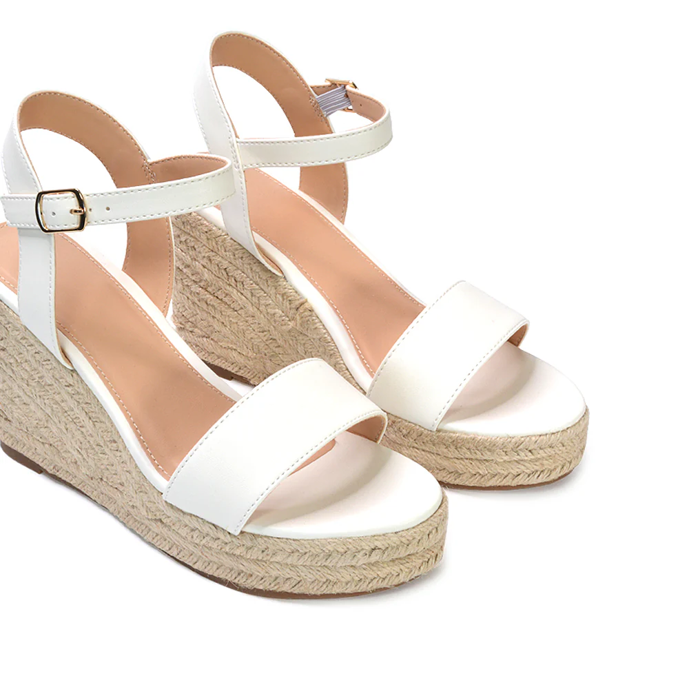 Cindy Espadrille Platform Wedge Heel Holiday Sandals With Ankle Strap in White - Image 3