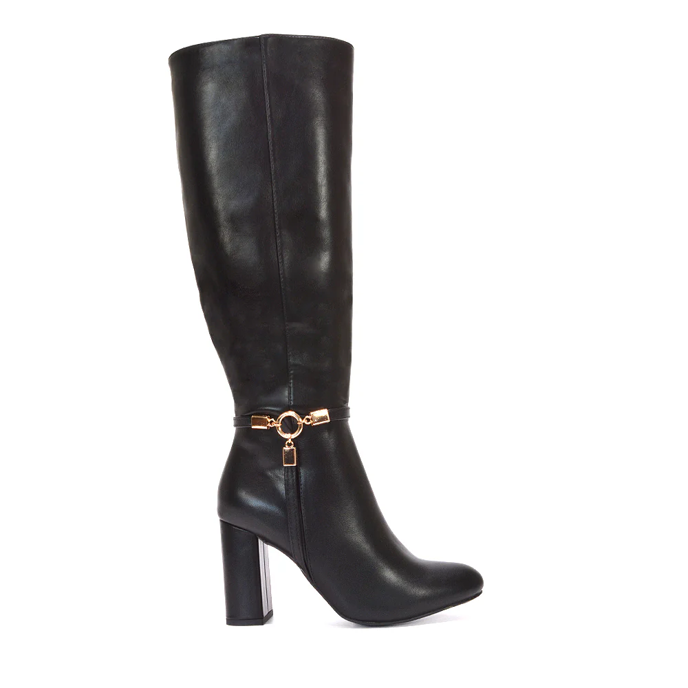 Cinzia Wide Fit Block High Heel Knee High Zip Up Boots in Black Synthetic Leather - Image 2