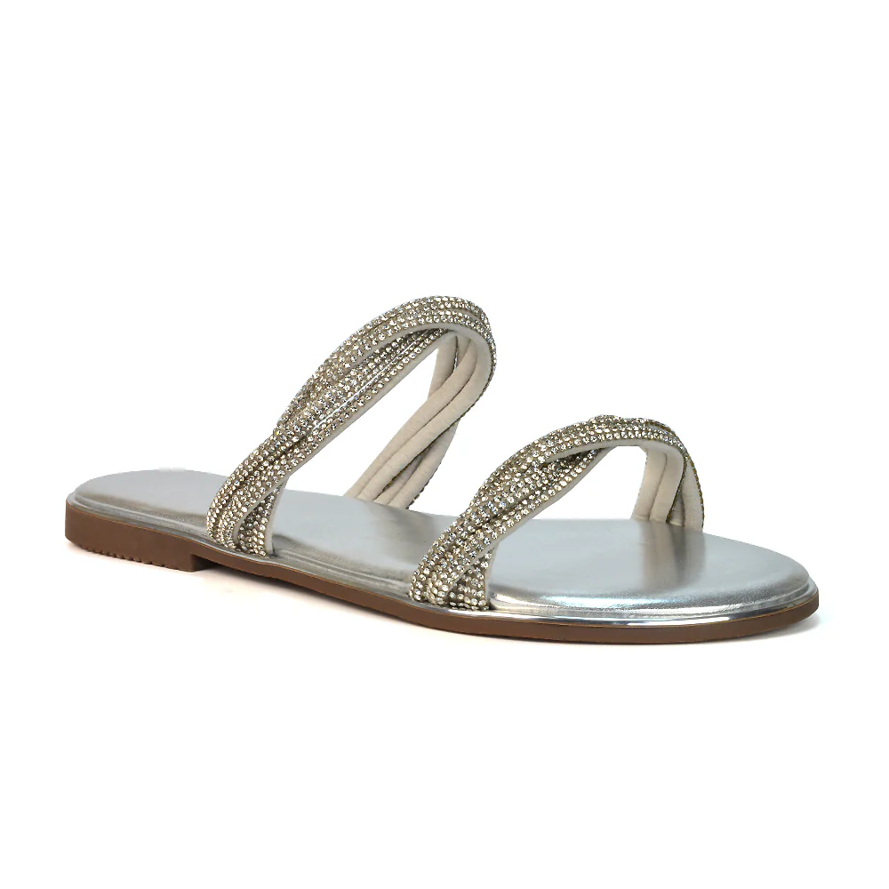 Clara Strappy Flat Diamante Sandals Summer Sliders in Silver - Image 2