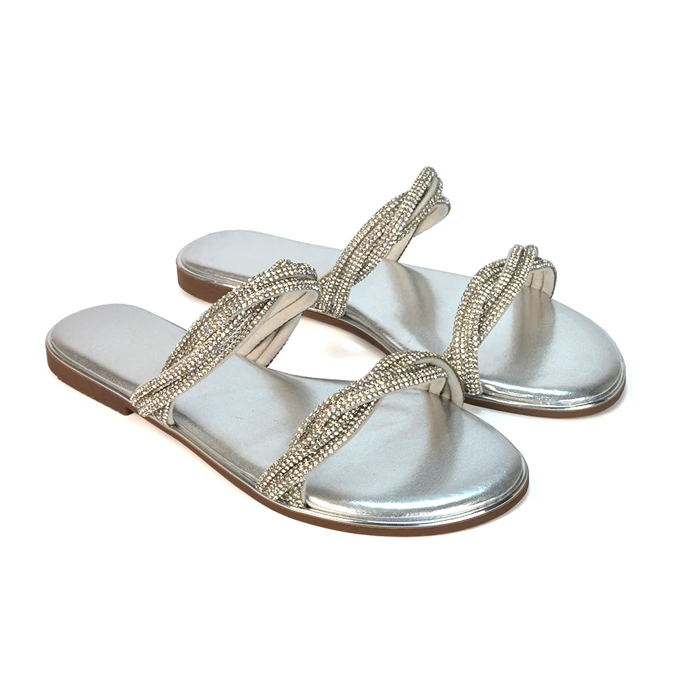 Clara Strappy Flat Diamante Sandals Summer Sliders in Silver - Image 20