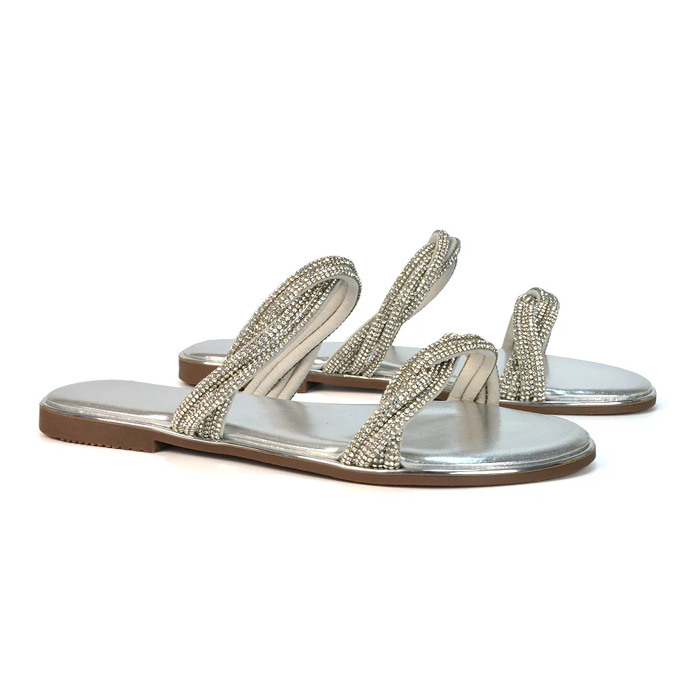 Clara Strappy Flat Diamante Sandals Summer Sliders in Silver - Image 21