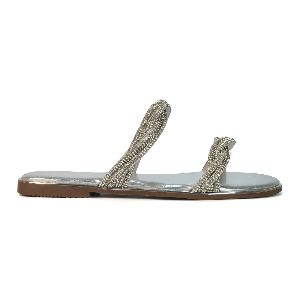 Clara Strappy Flat Diamante Sandals Summer Sliders in Silver - Image 28