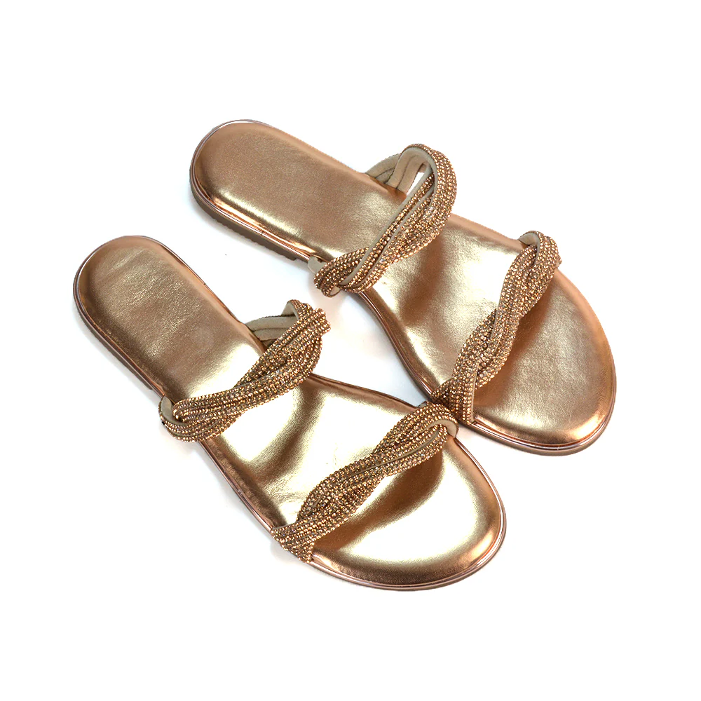 Clara Strappy Flat Diamante Sandals Summer Sliders in Silver - Image 44