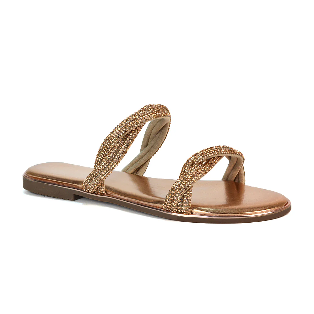 Clara Strappy Flat Diamante Sandals Summer Sliders in Silver - Image 52