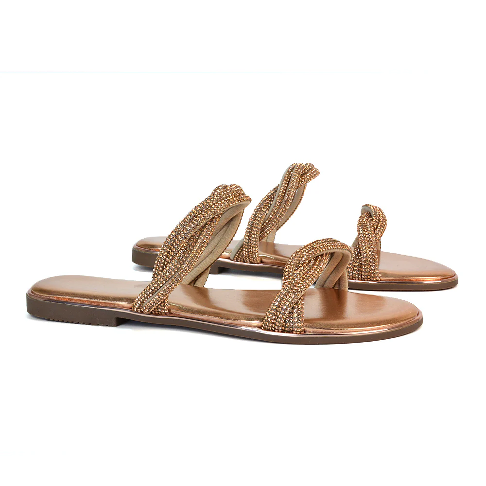 Clara Strappy Flat Diamante Sandals Summer Sliders in Silver - Image 61