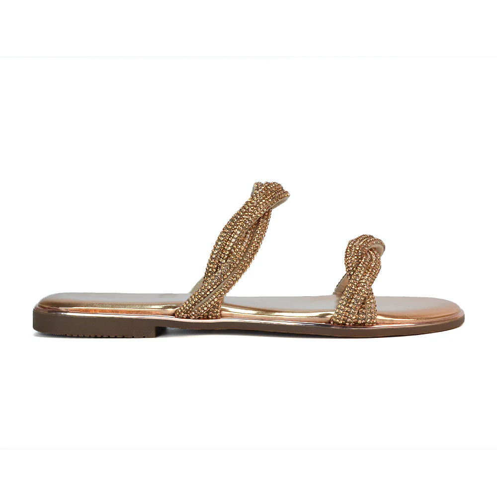 Clara Strappy Flat Diamante Sandals Summer Sliders in Silver - Image 63