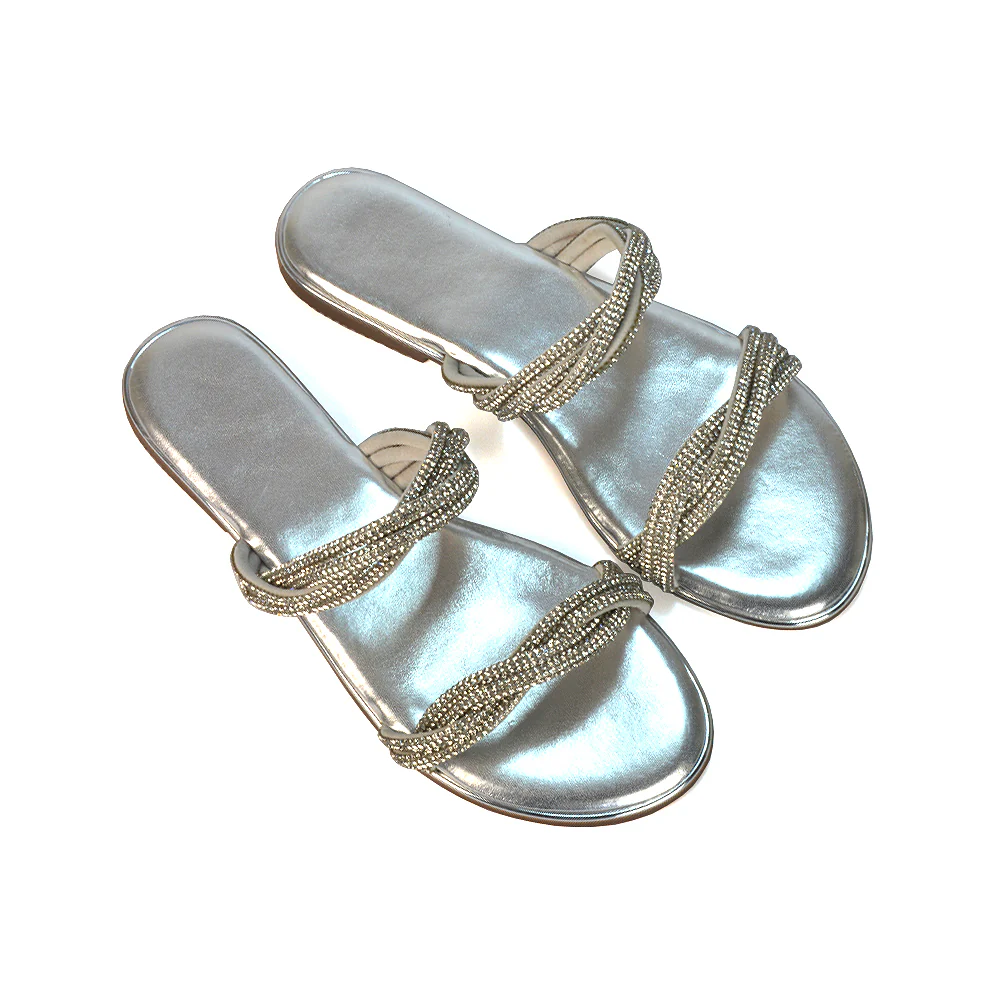 Clara Strappy Flat Diamante Sandals Summer Sliders in Silver - Image 9