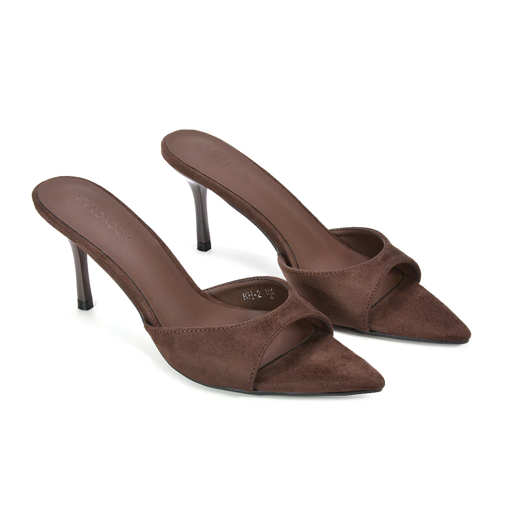 Clea Mid Heel Slip On Pointed Toe Mule Heeled Sandals in Black Faux Suede - Image 11