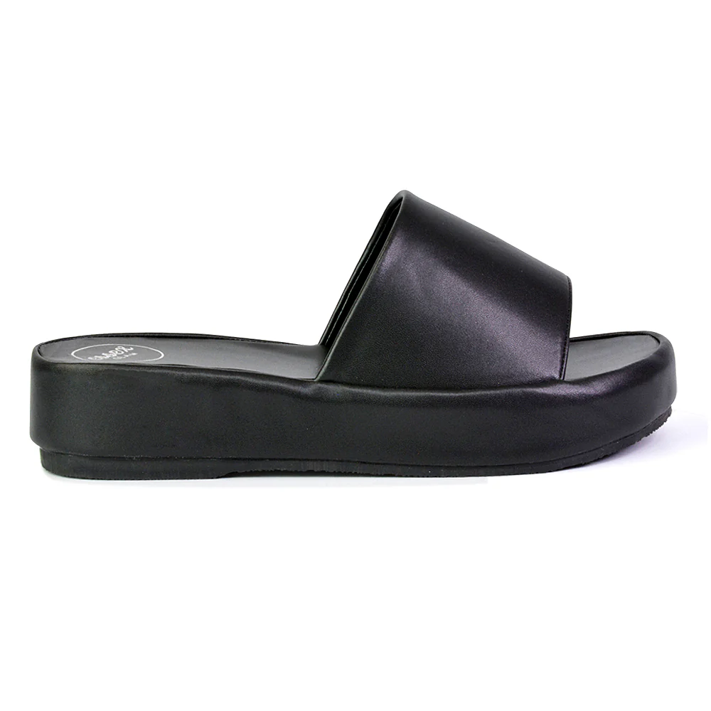 Coco Flatform Summer Comfy Slip on Low Wedge Platform Flat Sandal Slides in Black - Image 2