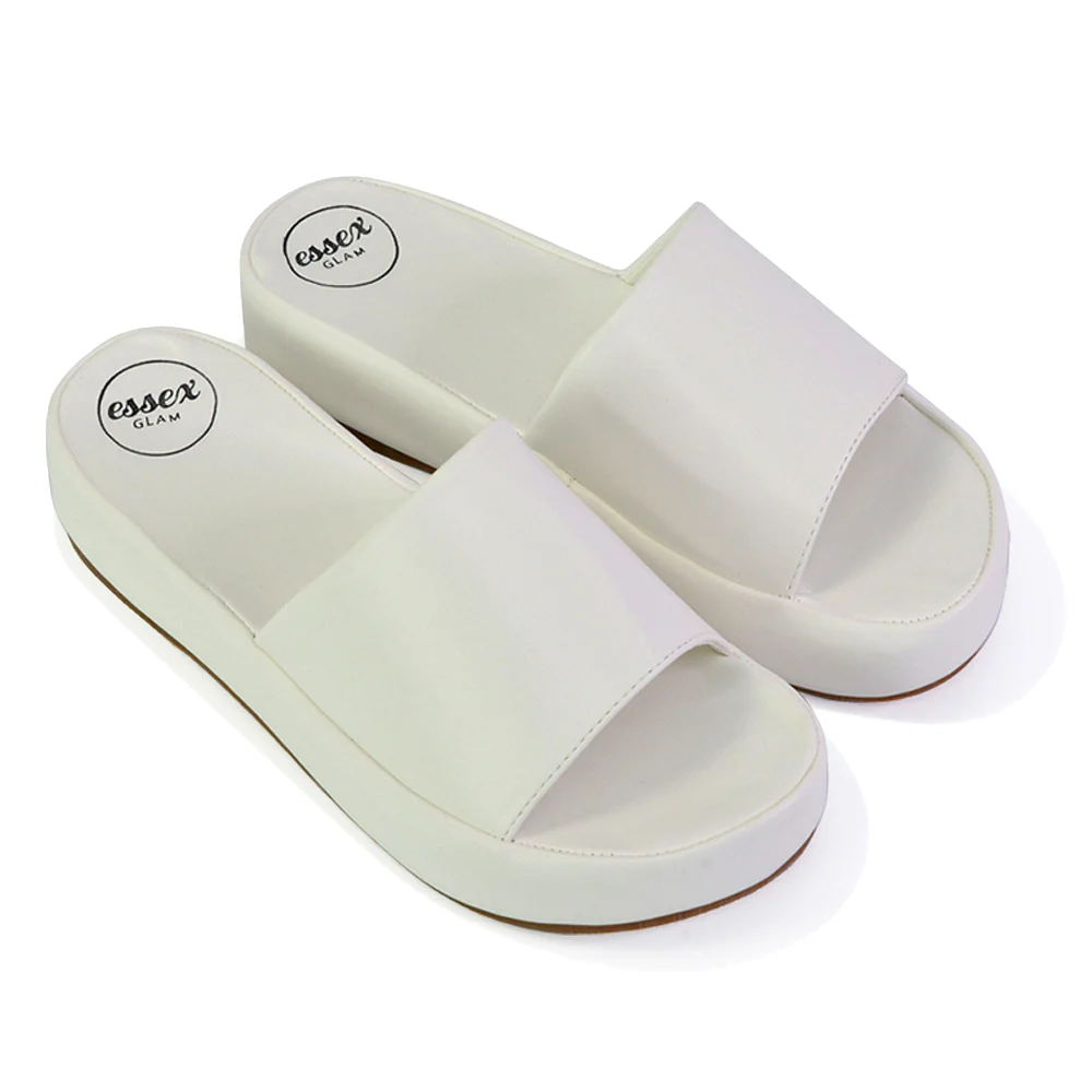 Coco Flatform Summer Comfy Slip on Low Wedge Platform Flat Sandal Slides in Silver - Image 36