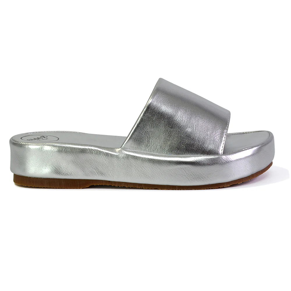 Coco Flatform Summer Comfy Slip on Low Wedge Platform Flat Sandal Slides in Silver - Image 70