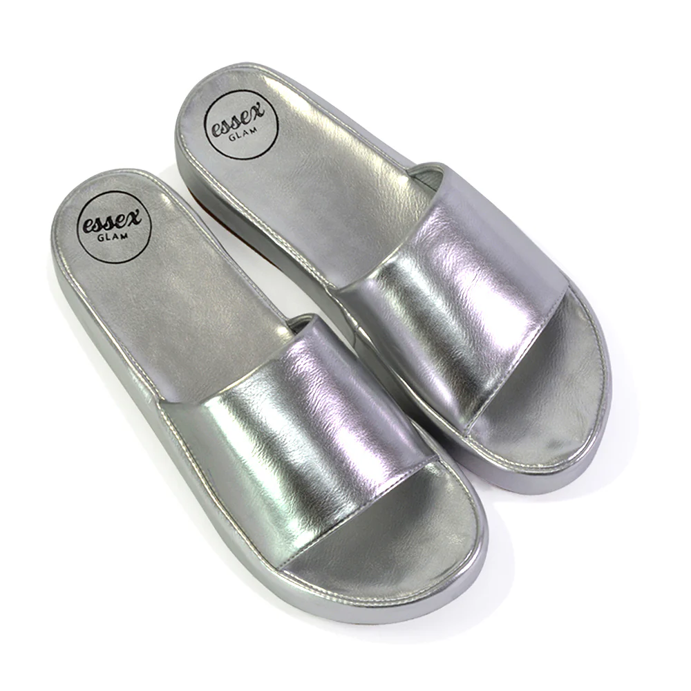 Coco Flatform Summer Comfy Slip on Low Wedge Platform Flat Sandal Slides in Silver - Image 72