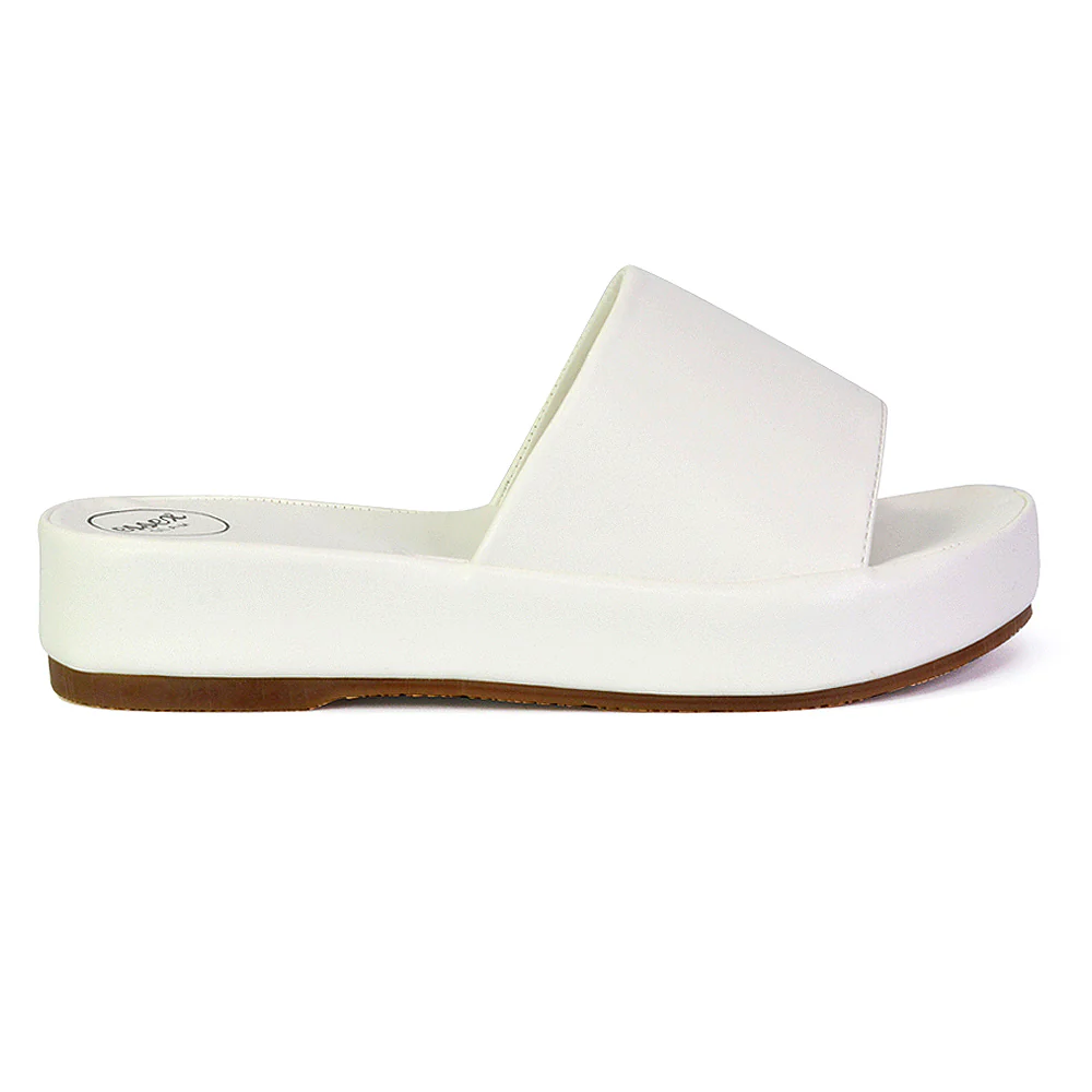 Coco Flatform Summer Comfy Slip on Low Wedge Platform Flat Sandal Slides in White - Image 30