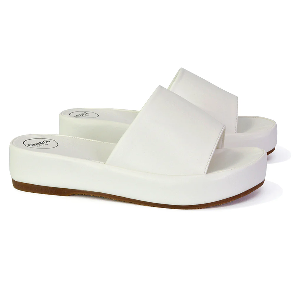 Coco Flatform Summer Comfy Slip on Low Wedge Platform Flat Sandal Slides in White - Image 33