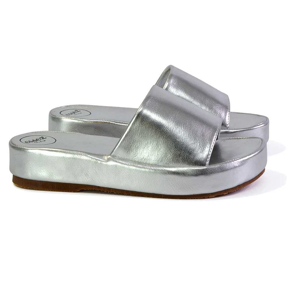 Coco Flatform Summer Comfy Slip on Low Wedge Platform Flat Sandal Slides in White - Image 73