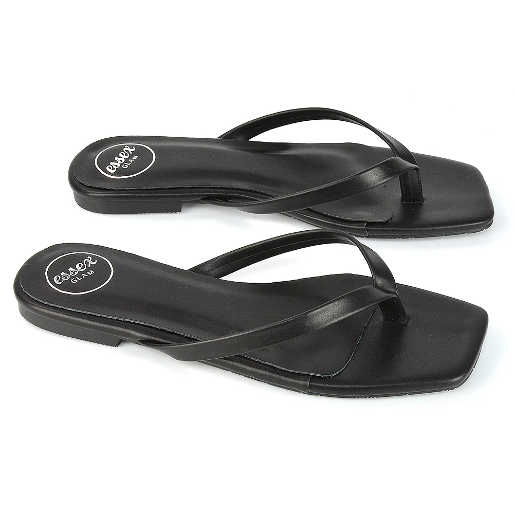 Cody Flat Slip On Square Toe Thong Flip Flop Summer Sandal Slides In Black Synthetic Leather