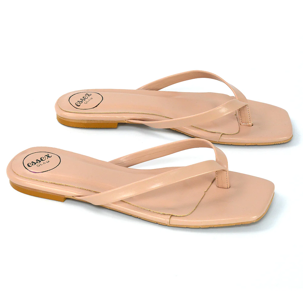 Cody Flat Slip On Square Toe Thong Flip Flop Summer Sandal Slides In Black Synthetic Leather - Image 111
