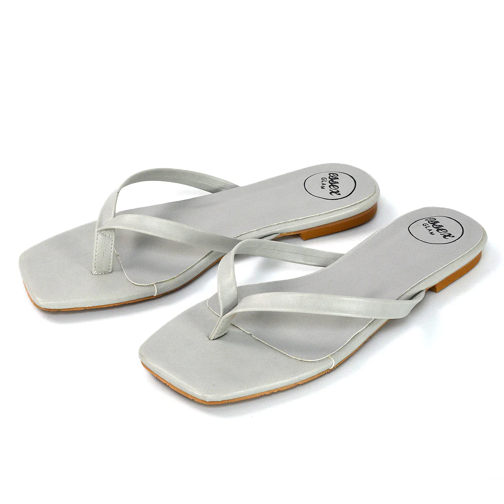 Cody Flat Slip On Square Toe Thong Flip Flop Summer Sandal Slides In Black Synthetic Leather - Image 155