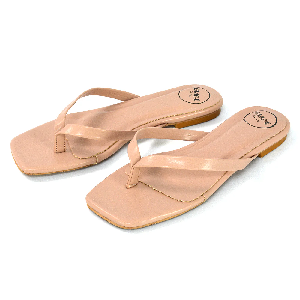 Cody Flat Slip On Square Toe Flip Flop Thong Slide Sandals In Nude Synthetic Leather - Image 100