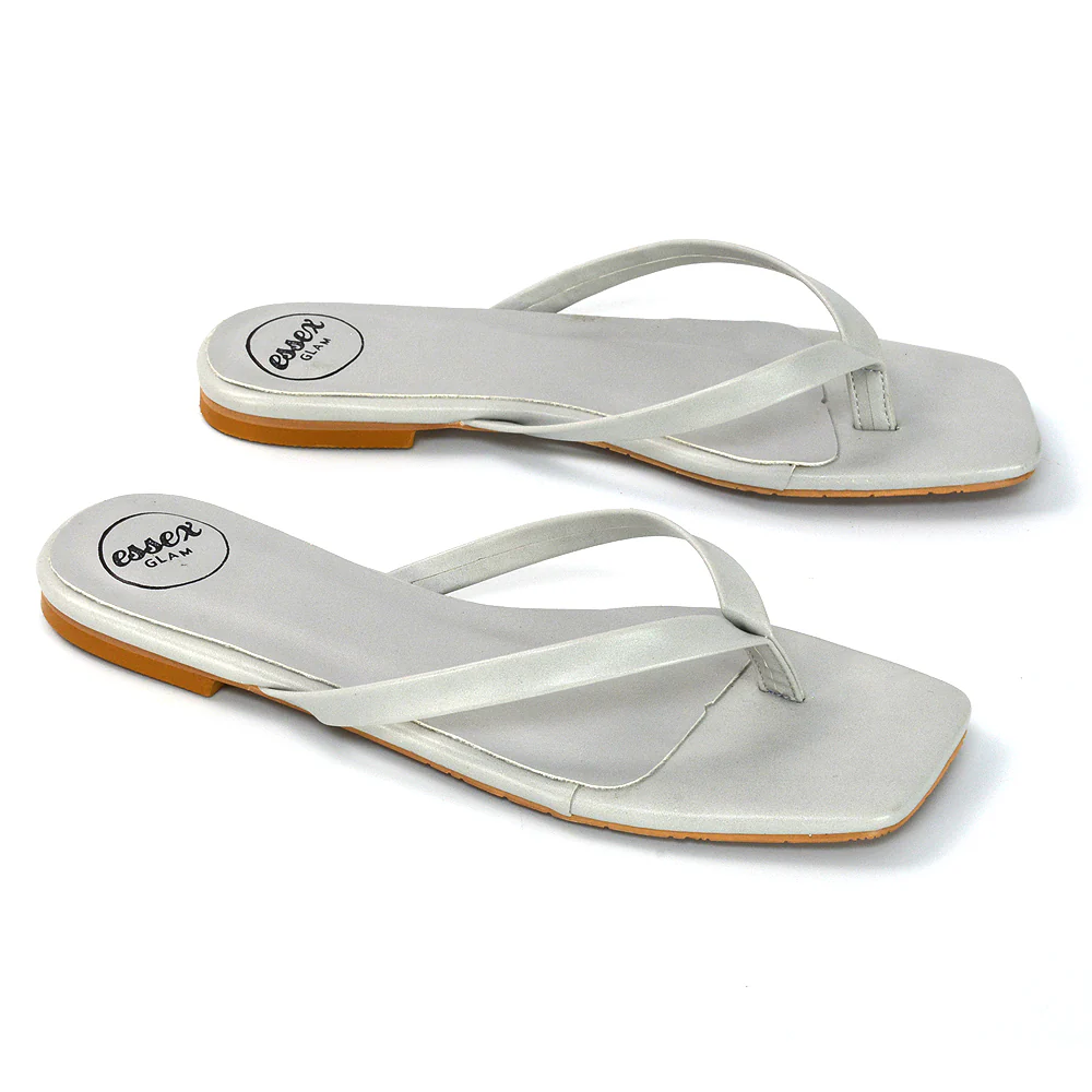 Cody Flat Slip On Square Toe Flip Flop Thong Slide Sandals In Nude Synthetic Leather - Image 131