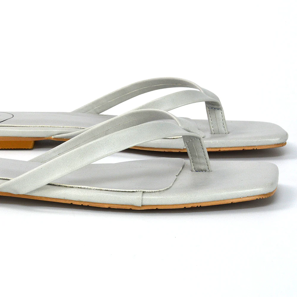 Cody Flat Slip On Square Toe Flip Flop Thong Slide Sandals In Nude Synthetic Leather - Image 144