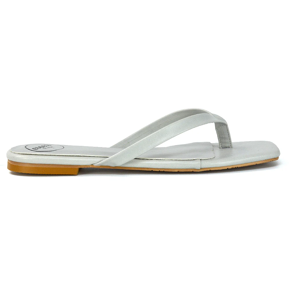 Cody Flat Slip On Square Toe Flip Flop Thong Slide Sandals In Stone Synthetic Leather - Image 143