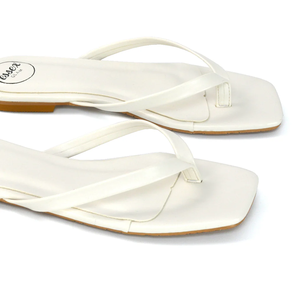 Cody Flat Slip On Square Toe Flip Flop Thong Slide Sandals In Stone Synthetic Leather - Image 59
