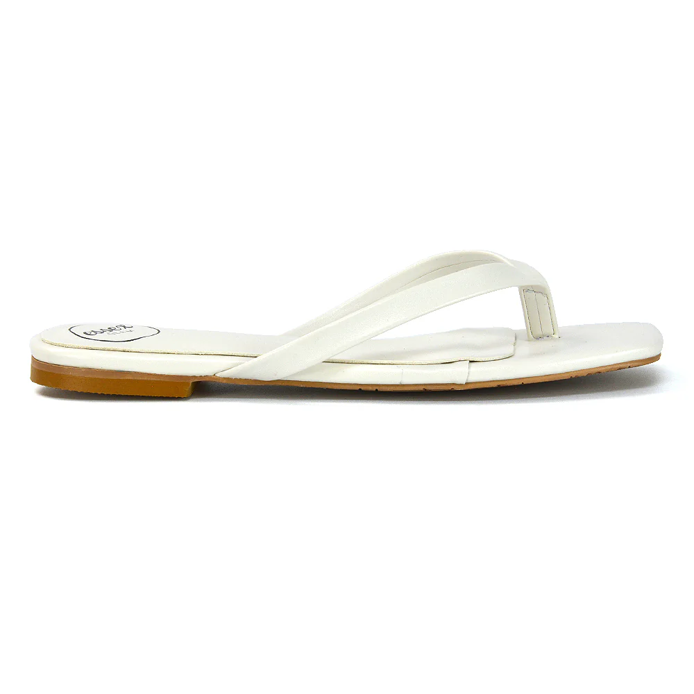 Cody Flat Slip On Square Toe Thong Flip Flop Summer Sandal Slides In White Synthetic Leather - Image 3