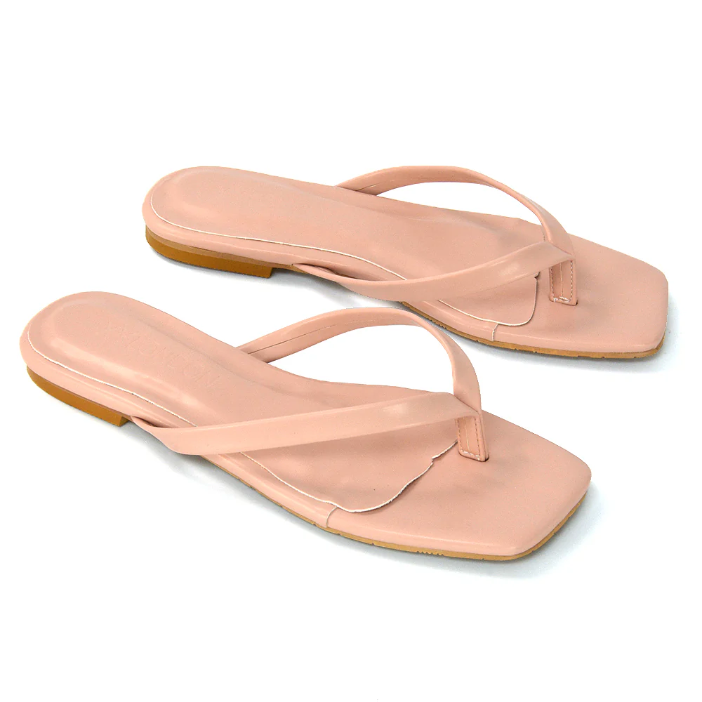 Cody Flat Slip On Square Toe Thong Flip Flop Summer Sandal Slides In White Synthetic Leather - Image 86