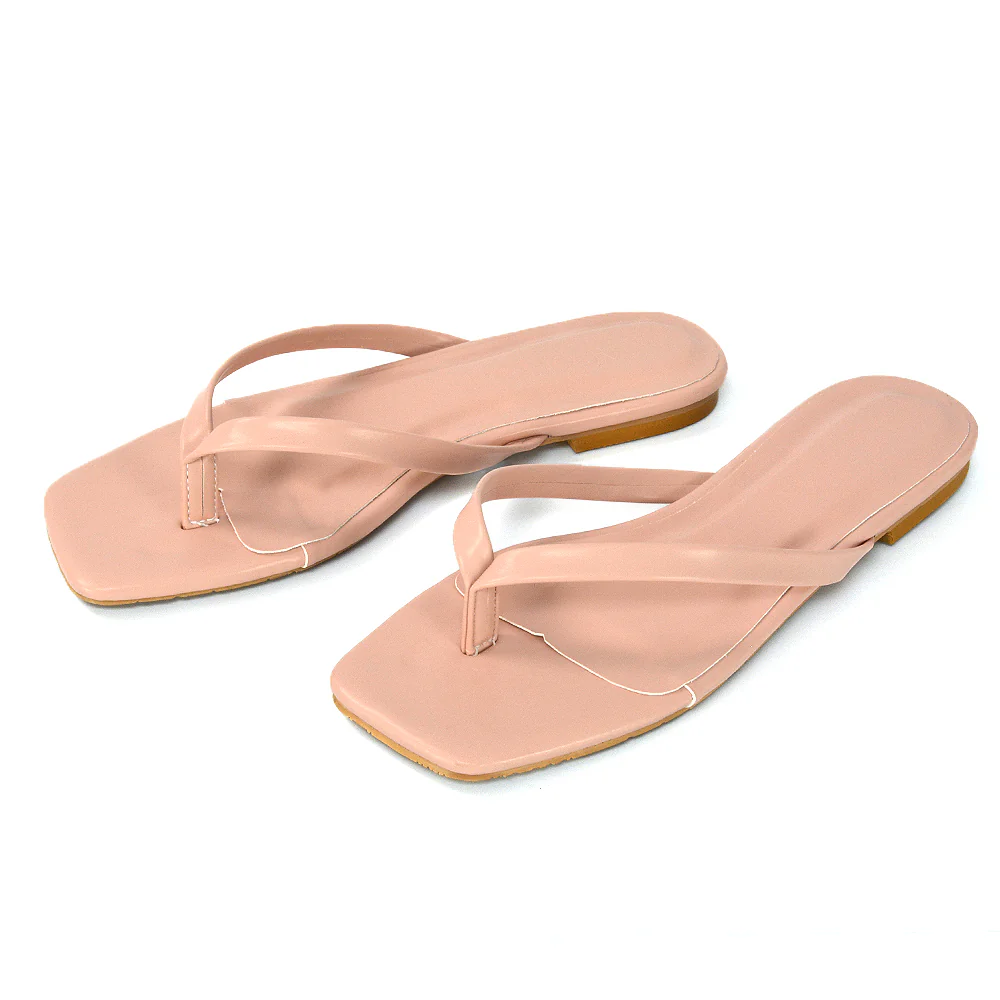 Cody Flat Slip On Square Toe Flip Flop Thong Slide Sandals In Pink Synthetic Leather - Image 5