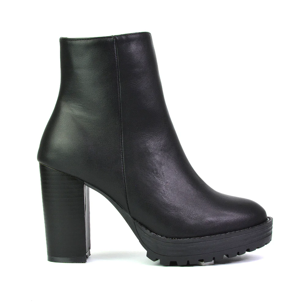 Cole Chunky Biker Block Heeled Platform Sock Ankle Boots in Black Faux Suede - Image 18