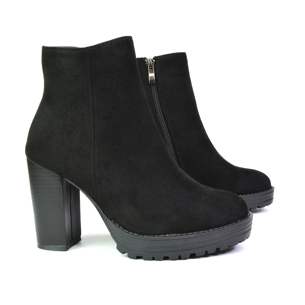 Cole Chunky Biker Block Heeled Platform Sock Ankle Boots in Black Faux Suede - Image 45