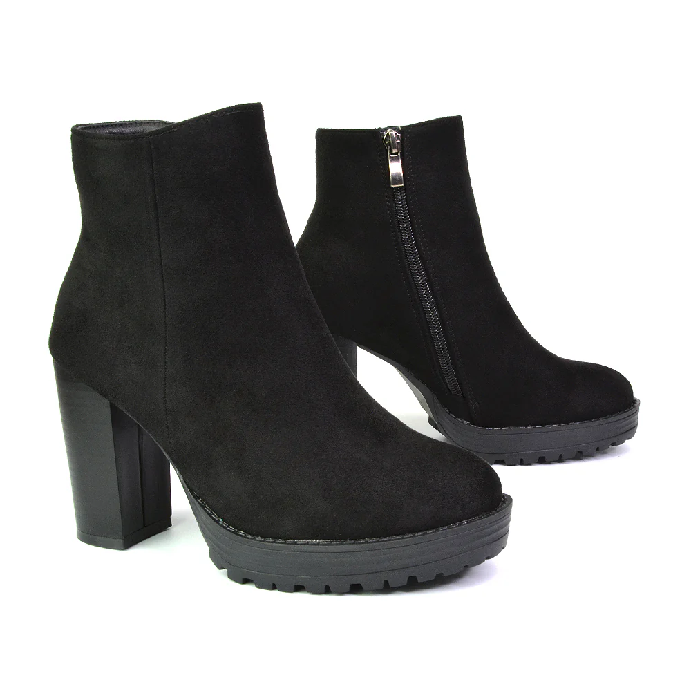Cole Chunky Biker Block Heeled Platform Sock Ankle Boots in Black Faux Suede - Image 46