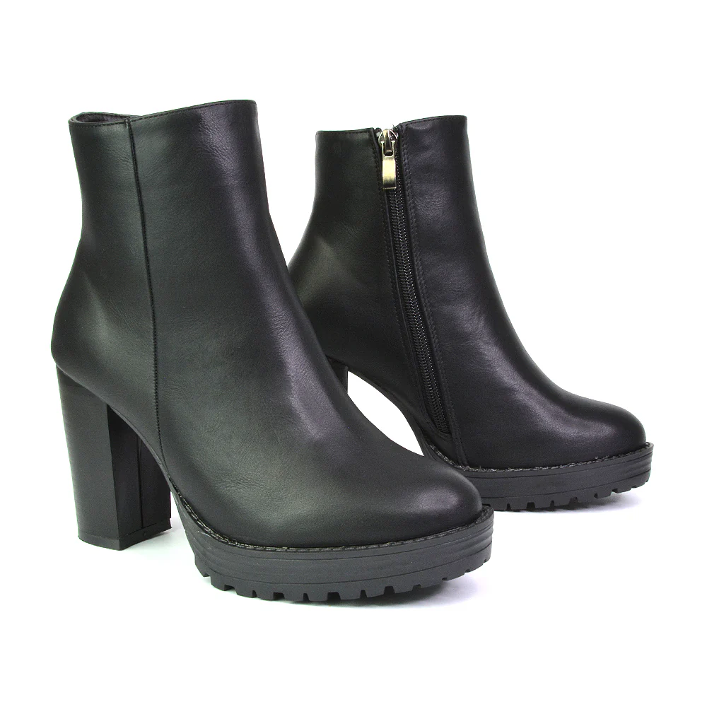 Cole Chunky Biker Block Heeled Platform Sock Ankle Boots in Black Synthetic Leather - Image 31