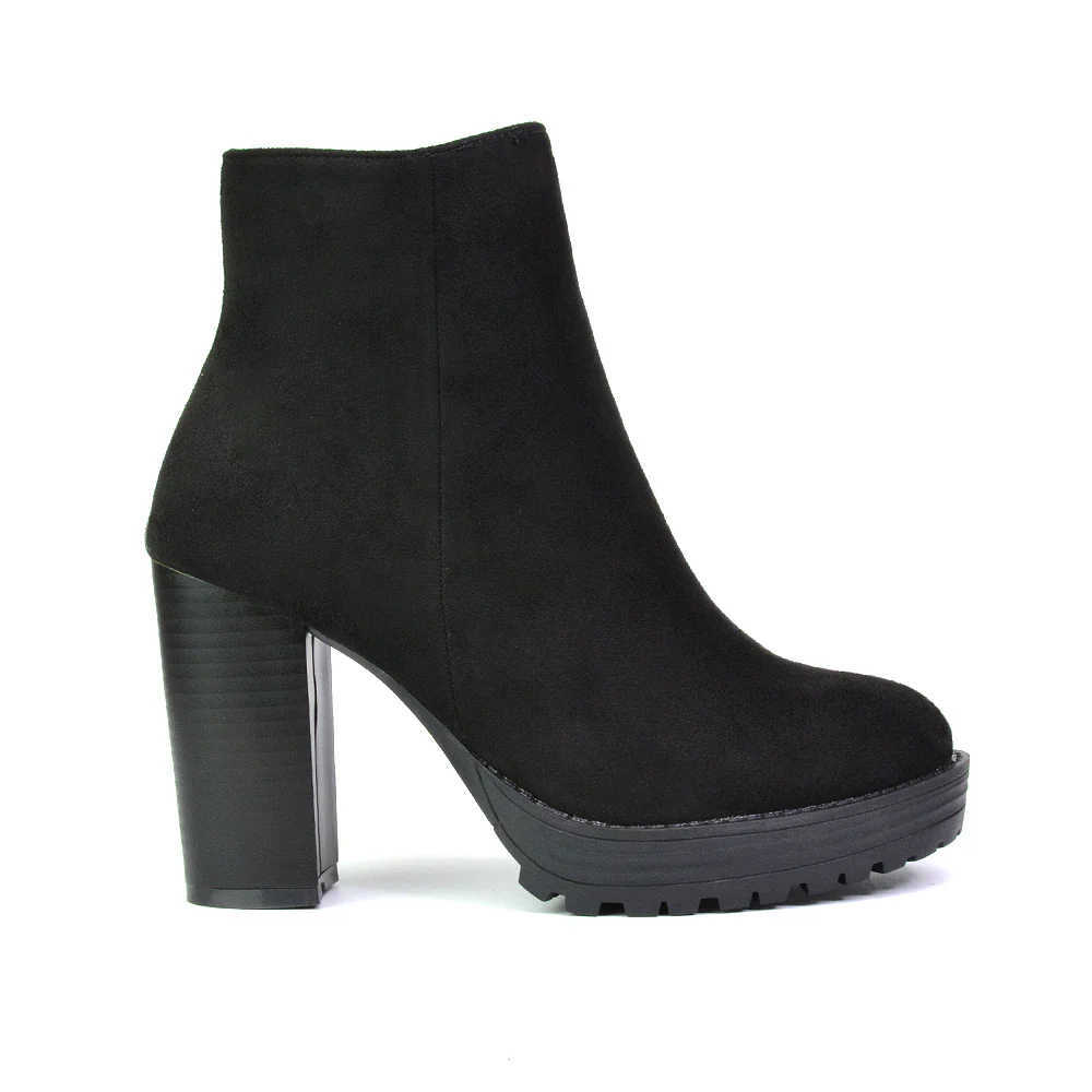 Cole Chunky Biker Block Heeled Platform Sock Ankle Boots in Black Synthetic Leather - Image 48