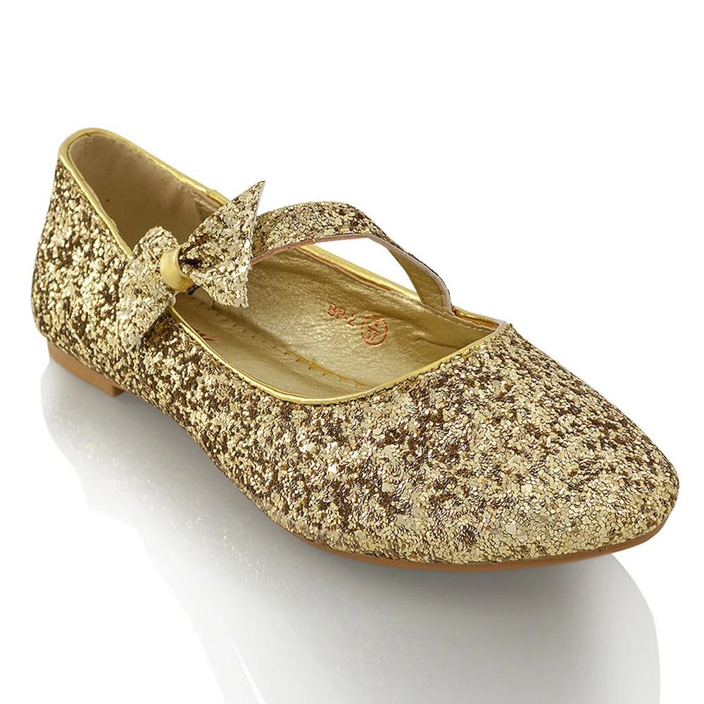 COLETTE FLAT LOW HEEL STRAPPY WITH BOW DETAILING BALLERINA PUMP SHOES IN GOLD GLITTER - Image 6