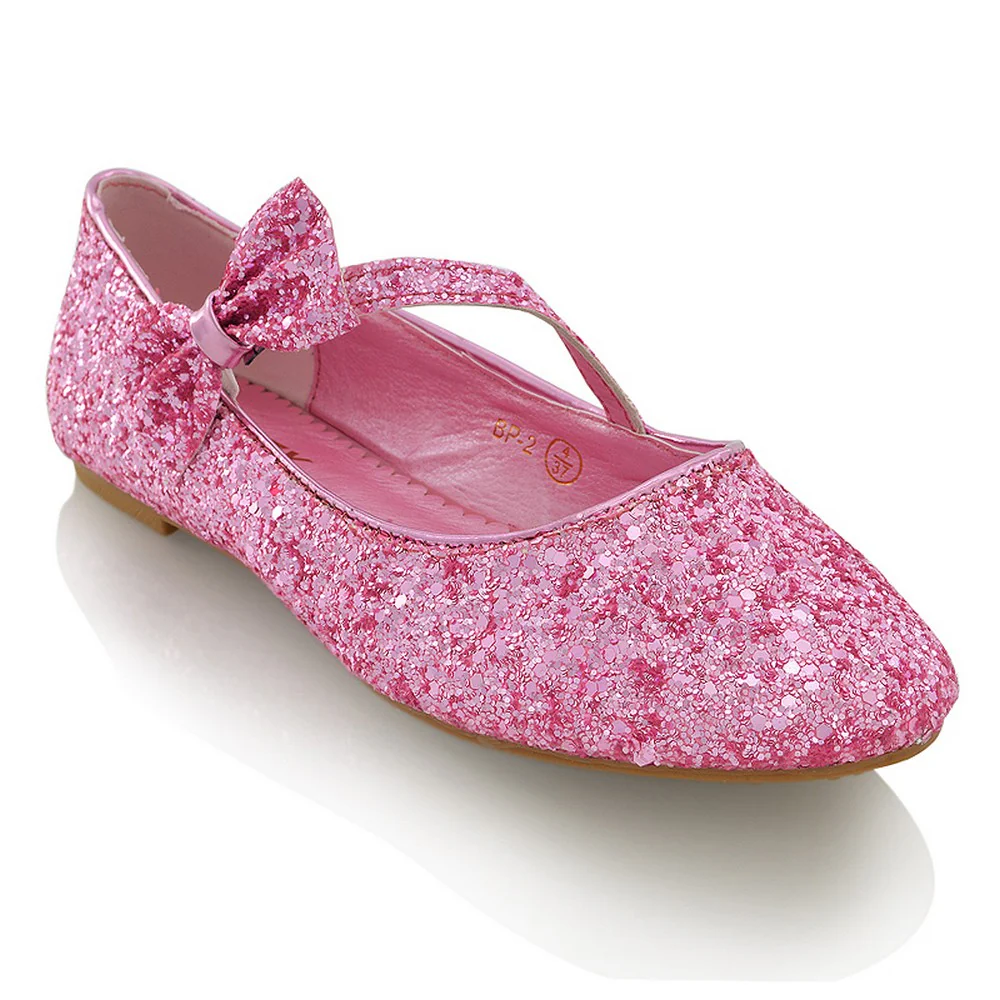 COLETTE FLAT LOW HEEL STRAPPY WITH BOW DETAILING BALLERINA PUMP SHOES IN PINK GLITTER - Image 5
