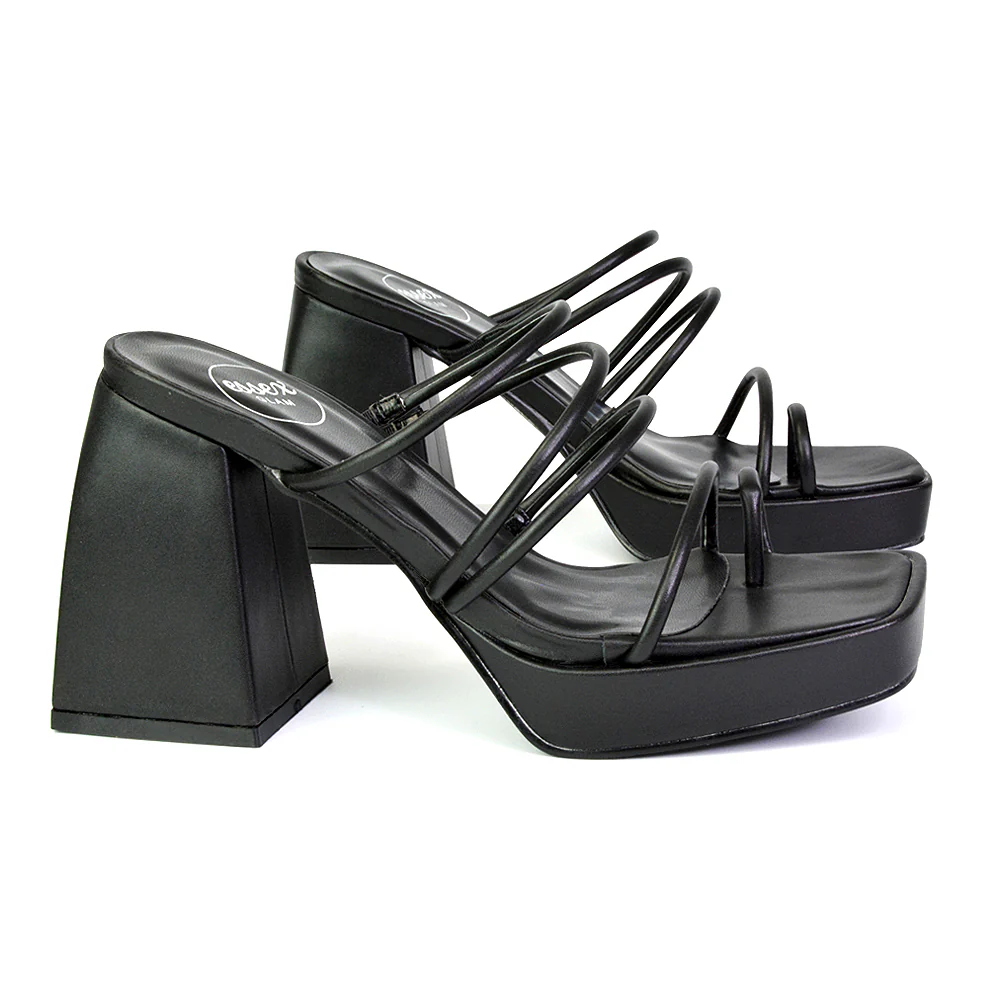 Colt Platform Strappy Square Toe Block High Heeled Mules Sandals in Black PU - Image 5